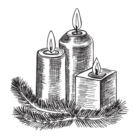 Hand drawn sketch Burning candle in christmas candlestick of fir branches. Vector illustration.のイラスト素材
