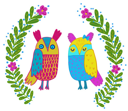 Cute owl in flowers frame.Cute hand drawn animal characters for kids design.Mothers day greeting cardのイラスト素材