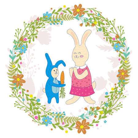 Mothers day greeting card.Baby rabbit gives mom carrots,Wreath of flowers.Cute hand drawn animal characters for kids design.のイラスト素材
