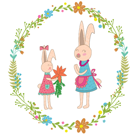 Mothers day greeting card.Baby rabbit gives mom carrots,Wreath of flowers.Cute hand drawn animal characters for kids designのイラスト素材