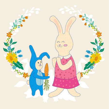 Mothers day greeting card.Baby rabbit gives mom carrots,Wreath of flowers.Cute hand drawn animal characters for kids designのイラスト素材
