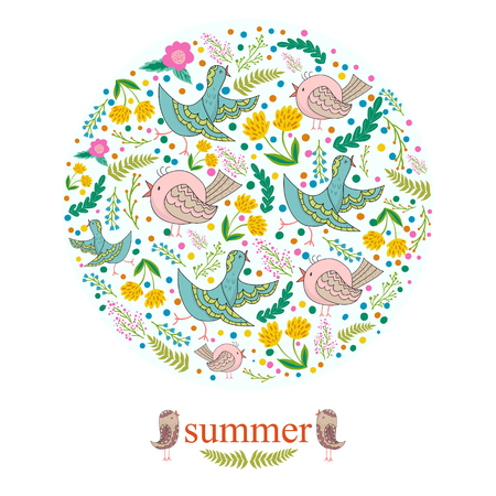 Floral card design, flowers,leaf and birds doodle elements. Illustration made of flowers,herbs and birds.のイラスト素材