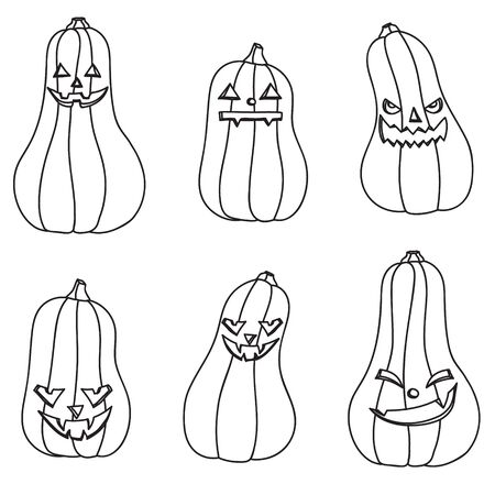 Halloween black and white pumpkins with different facial expressionsのイラスト素材