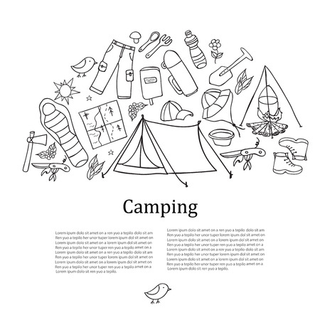 Set of hand drawn sketch camping equipment symbols and icons. Vector illustration.のイラスト素材