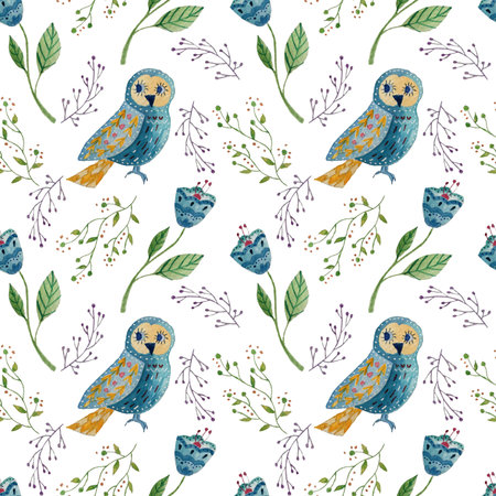 Watercolor Seamless pattern colorful illustration with beautiful birds and flowers. Scandinavian style. Folk art.の写真素材