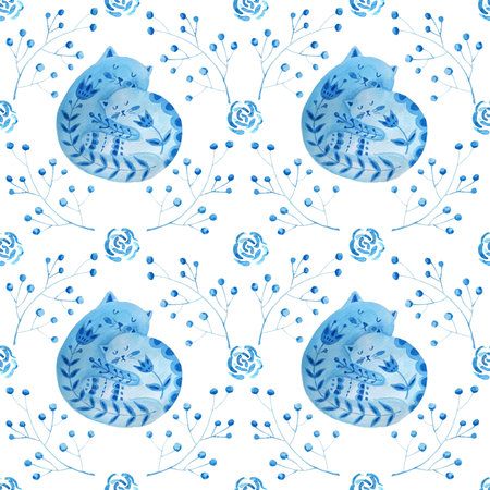 Watercolor Seamless pattern colorful illustration with beautiful flowers and cats. Scandinavian style. Folk art.の写真素材
