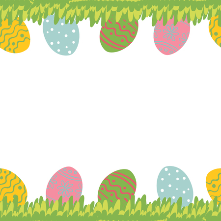 Easter greeting card with seamless floral border - eggs and leaves. Perfect for spring holiday invitation.のイラスト素材