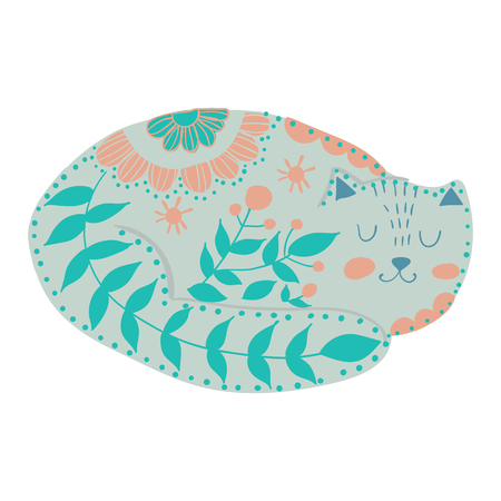 vector with beautiful cat in pattern and flowers. poster for decoration your interior and for use in your unique designのイラスト素材