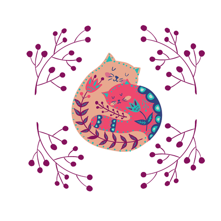 Folk set vector colorful illustration with beautiful cat and flowers. Scandinavian style.のイラスト素材