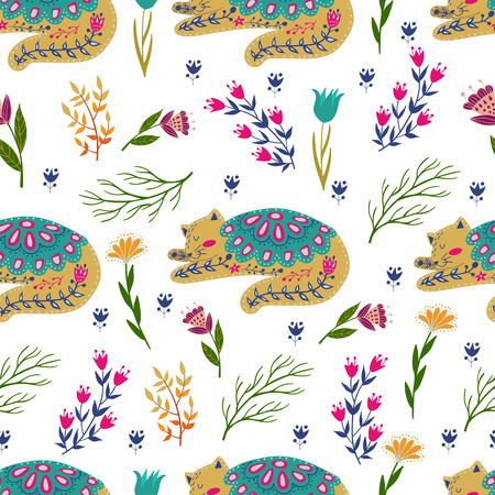 Seamless pattern colorful illustration with beautiful flowers and cats. Scandinavian style. Folk art.のイラスト素材