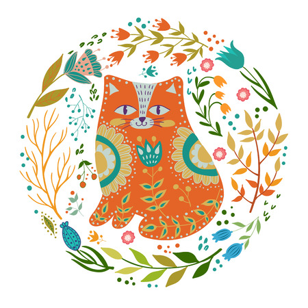 Folk set vector colorful illustration with beautiful cat and flowers. Scandinavian style.のイラスト素材