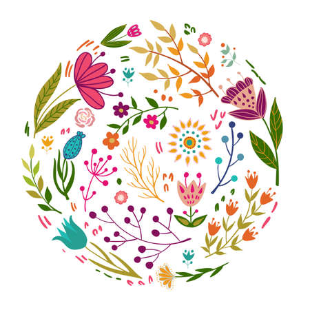 Folk set vector colorful illustration with beautiful flowers. Scandinavian style.のイラスト素材