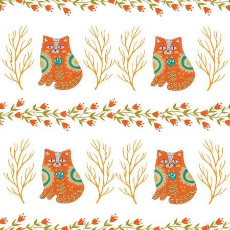 Seamless pattern colorful illustration with beautiful flowers and cats. Scandinavian style. Folk art.の写真素材