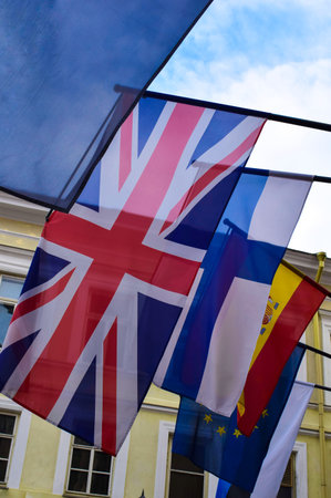 Collection of European National Flags with Union Jack Prominent, Tallinn Old Townの写真素材