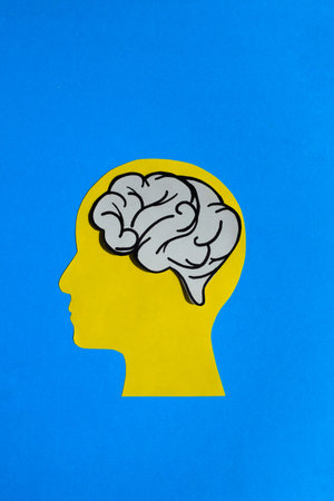 Human Head Silhouette with Brain Cut-Out on Blue