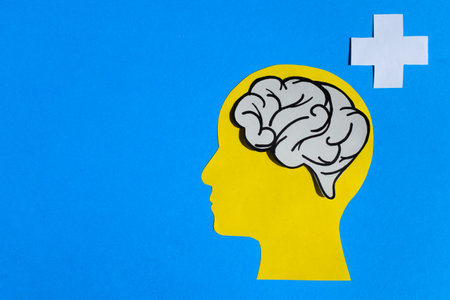 Mental Health Concept with Brain, Head Profile, and Medical Cross