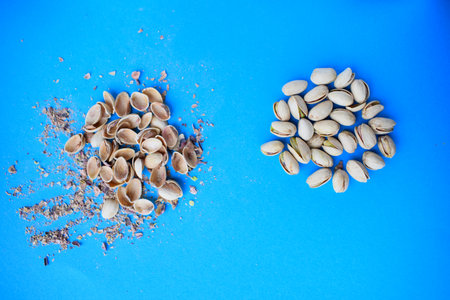 Pistachio Shells Versus Whole Pistachios on Blueの写真素材