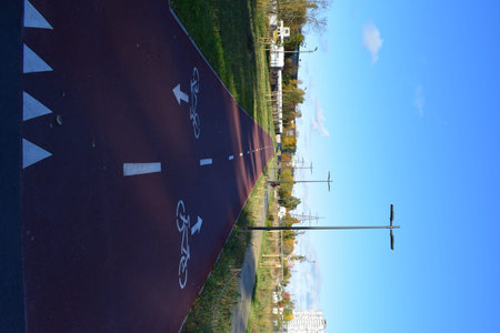 Bicycle path in the park on a background of blue sky.