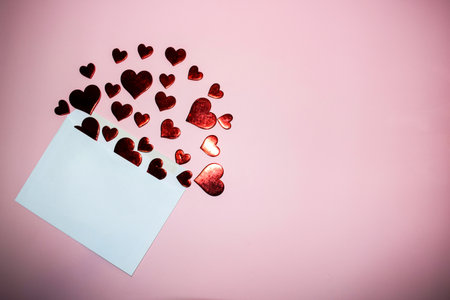 Valentine's day greeting card with red hearts on pink backgroundの写真素材