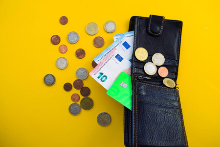Wallet with coins and credit card on a yellow background. Top view