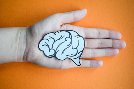 Human brain in hand on orange background. Concept of creative thinking.