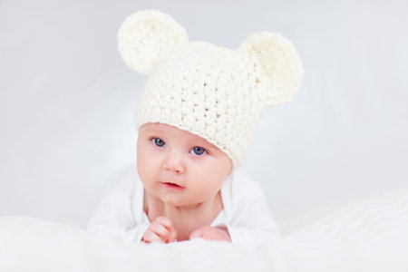 portrait of cute infant baby, two months oldの写真素材