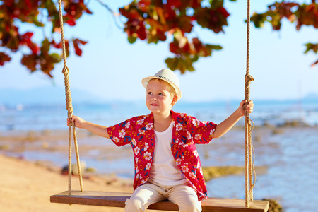 cute stylish boy on swings on the beachの写真素材
