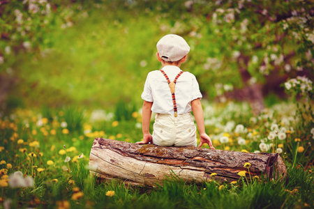 Cute little boy sitting on wooden log in spring gardenの写真素材