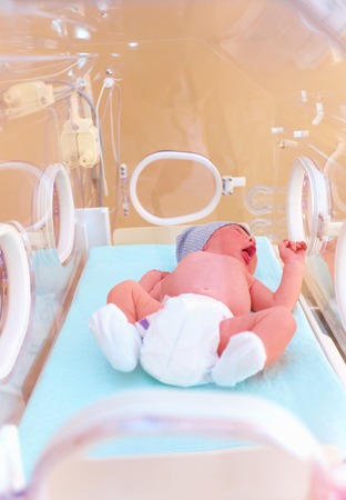 newborn baby lying inside the infant incubator in hospitalの写真素材
