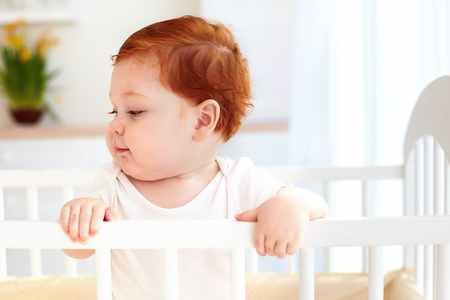 poprtait of cute happy infant baby standing in a cot at homeの写真素材