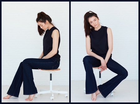 young female posing on model test photo shoot with natural day lightの写真素材