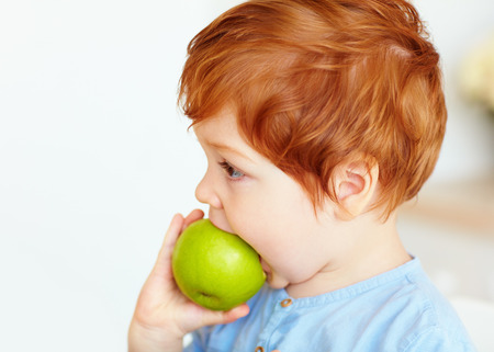 cute redhead toddler baby biting tasty green appleの写真素材