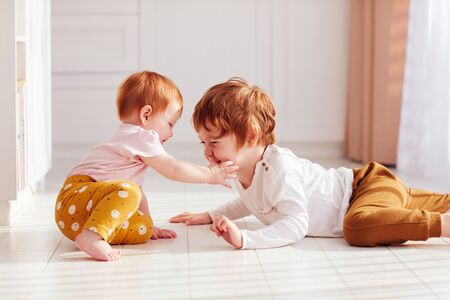 cute happy redhead siblings, brother and sister having fun together, playing at homeの写真素材
