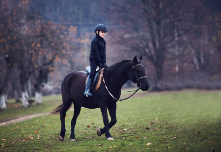 young boy, kid is taking a horse riding lesson, equestrian sport, horseback rider outfit