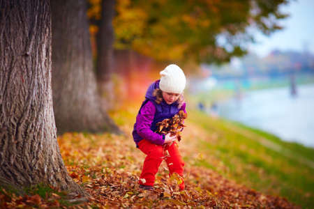 cute little girl having fun, playing with colorful leaves in autumn parkの写真素材