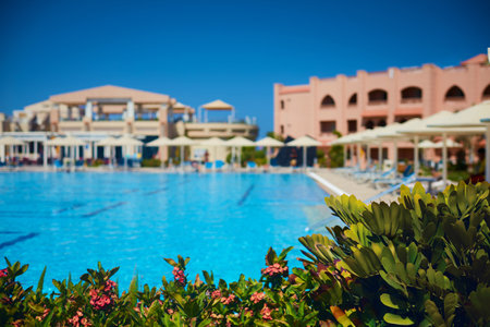 Hurghada, Egypt - August 2020: beautiful view on all inclusive Albatros Hotel resort and swimming poolのeditorial素材