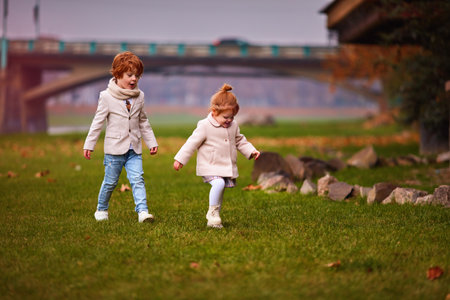 cute siblings, kids having fun on autumn fieldの写真素材