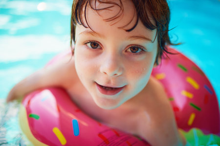 cheerful baby boy having fun swimming in the pool with inflatable ring, summer activityの写真素材