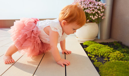 cute little infant baby girl exploring the sagina subulata grass on sunny patioの写真素材