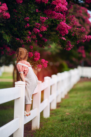 redhead baby girl on the fence enjoys the blooming branches of crape myrtle trees. Beautiful lagerstroemia in bloomの写真素材