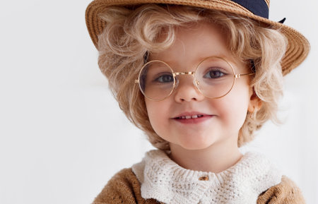 portrait of cute little baby cosplaying the old lady outfit. baby girl wearing grandma costumeの写真素材