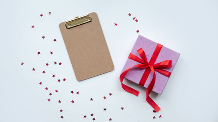 Christmas gift box. Pink gift box.Flat lay with copy space.の写真素材