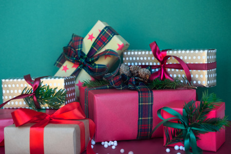 hristmas composition of various gift boxes wrapped in different paper. Top view. Copy space.の写真素材