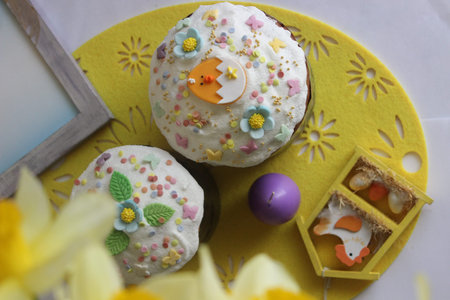 Nice background for Easter day with homemade delicious, Eeaster cakes