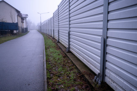 A noise barrier on a road or street that is unoccupied in winter. A bike path runs nearby