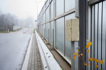 Noise barrier on a road or street where there are no people in winter. Electrical junction box