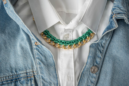 Stylish look: white shirt, green chain and denim jacket close-up