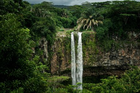 Chamarel Waterfall in the tropical island jungle of Mauritiusの写真素材