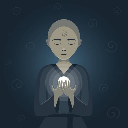 A young magician with a tattoo guesses over a white glowing ball. Spirals are flying around.のイラスト素材