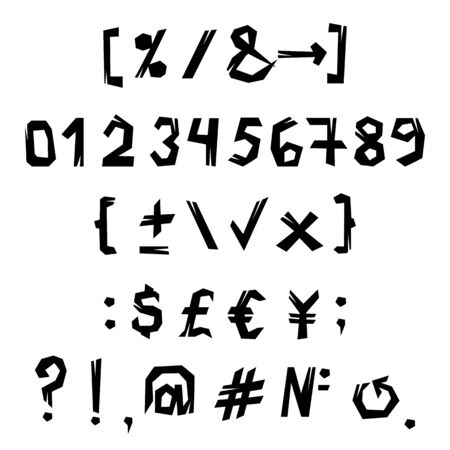 broken numbers, currency icons with cracks. Abstract shift cut out by scissors signs. Art and craft design. Capital letters of currency. Isolated on white illustration.のイラスト素材